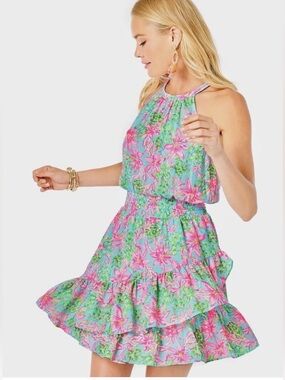 NWOT $198 Lilly Pulitzer Pamelyn Halter Dress Surf Blue So Shellegant Size 8 / M